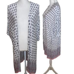 PJ Salvage Robe Open Front Kimono Layer Wrap Ditsy Floral White Pink, Size Large